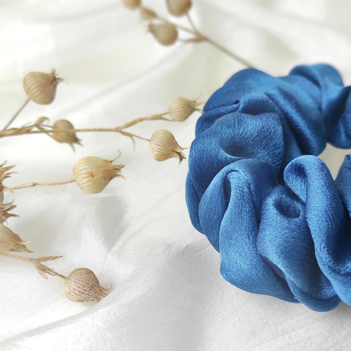 Indigo blue silk scrunchie, Hand-dyed botanical hair tie, Plant dyed hair elastic for curly hair