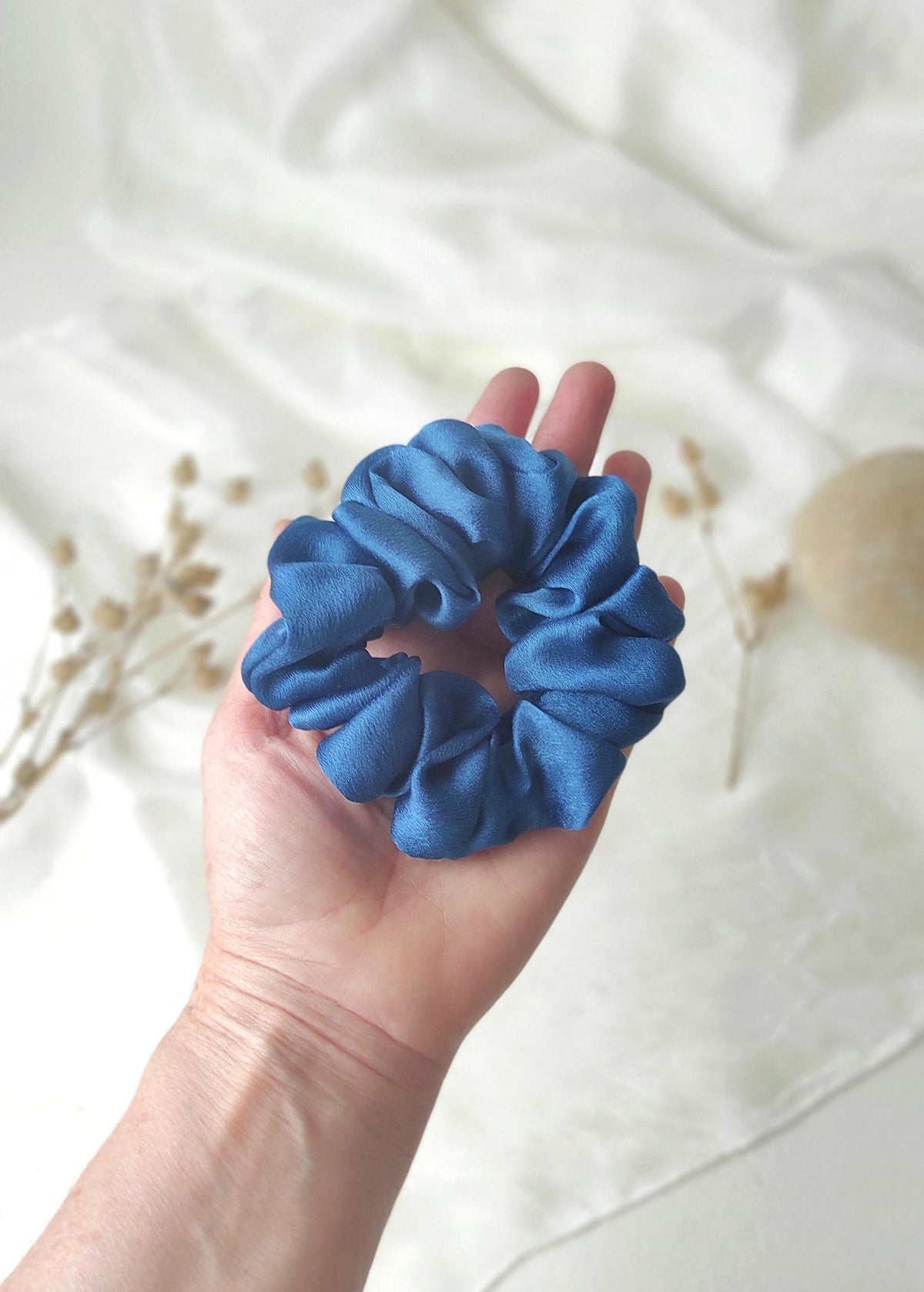 Indigo blue silk scrunchie, Hand-dyed botanical hair tie, Plant dyed hair elastic for curly hair