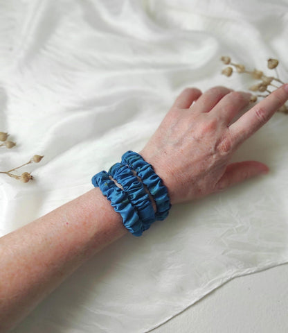 Handmade Indigo Silk Headband, Organic Plant Print, Pleated Hair Band