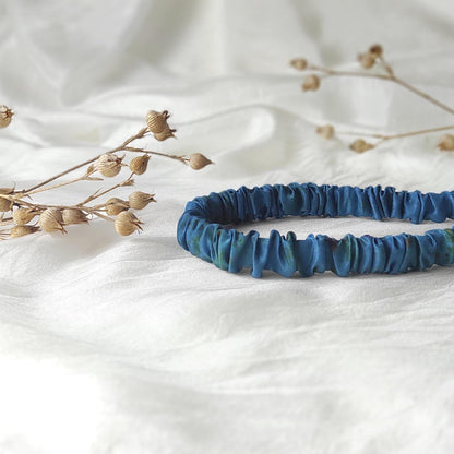 Handmade Indigo Silk Headband, Organic Plant Print, Pleated Hair Band