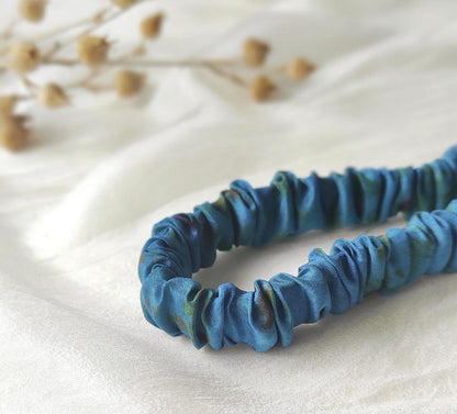 Indigo blue natural silk headband, Hand-Dyed pleated hair band, Organic print thin elastic for curly hair