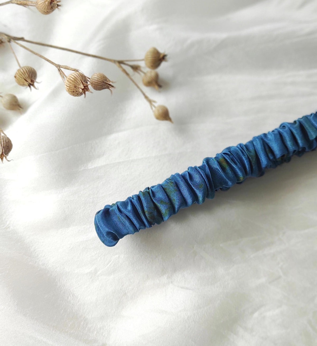 Handmade Indigo Silk Headband, Organic Plant Print, Pleated Hair Band