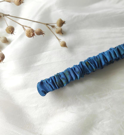 Handmade Indigo Silk Headband, Organic Plant Print, Pleated Hair Band