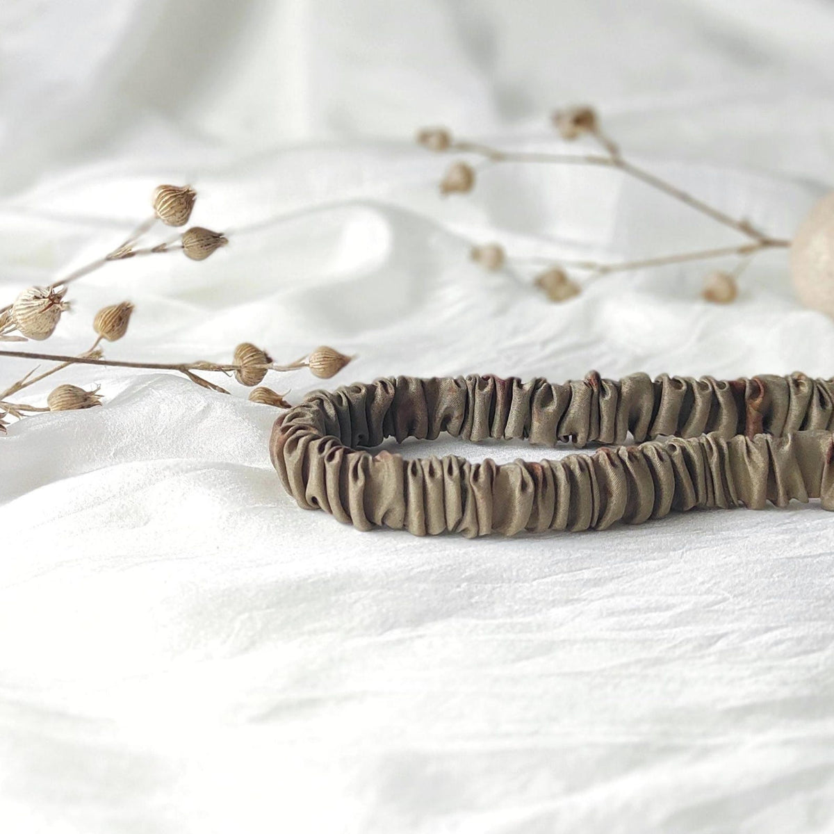 Khaki green silk hair headband, Plant dyed organic hair elastic, Thin elastic headband for curly hair
