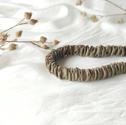 Khaki green silk hair headband, Plant dyed organic hair elastic, Thin elastic headband for curly hair
