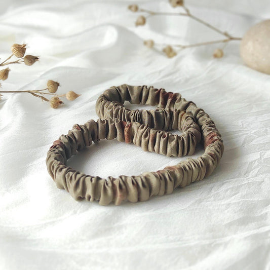 Khaki green silk hair headband, Plant dyed organic hair elastic, Thin elastic headband for curly hair