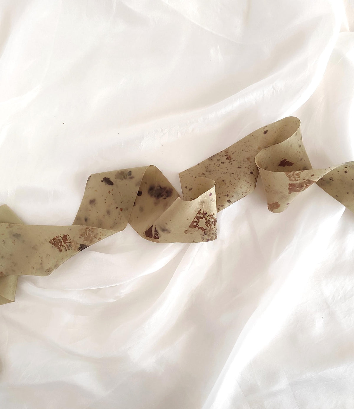 Botanically dyed mulberry silk ribbon, Handmade plant print organic ribbon, Leaf print natural ribbon wrapping gift
