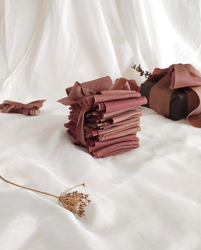 Botanical Dyed Silk Ribbon, Eco-print Earthy Pink Habotai for Bridal Bouquet