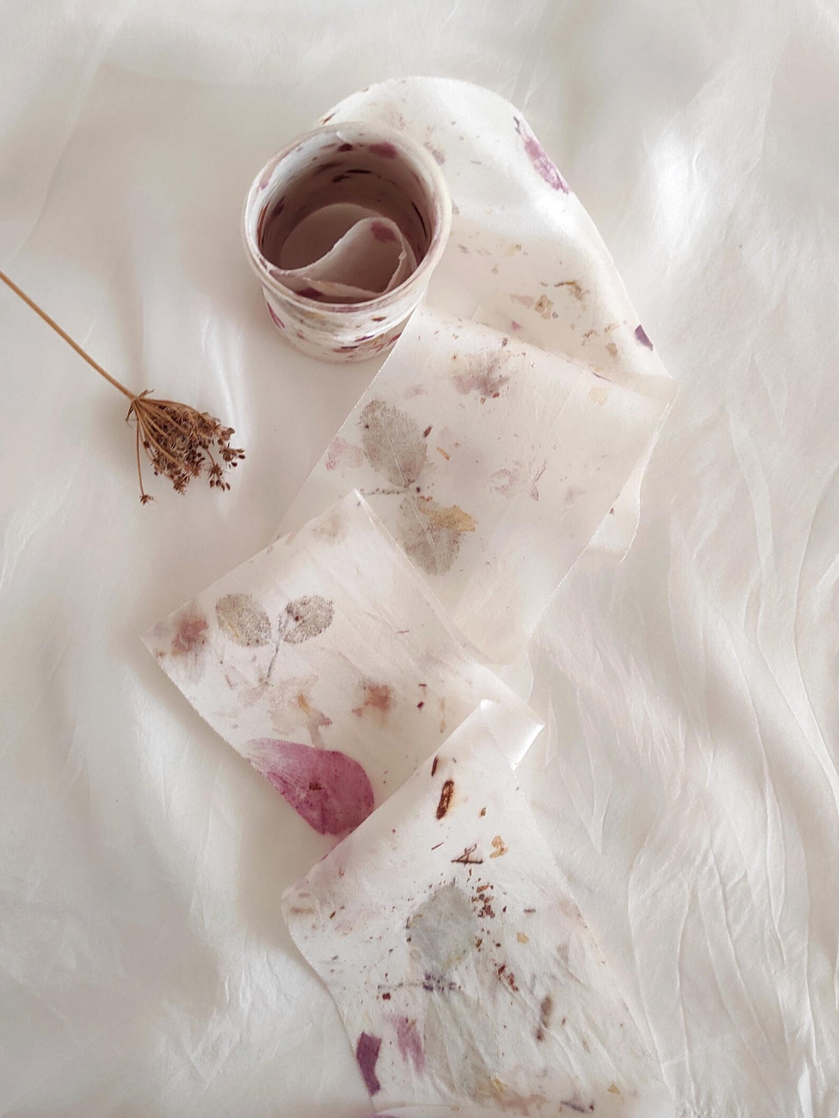 Botanical Dyed Silk Ribbon, Wide Eco-Print Organic Bridal Bouquet Decor