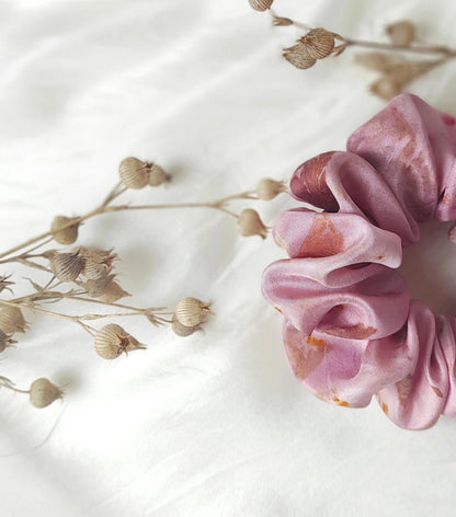 Mauve silk hair scrunchie, Botanical print hair tie, Plant-dyed hair elastic for mom
