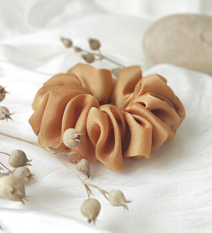 Botanically Dyed Silk Scrunchie, Rust Satin Hair Tie, Eco Friendly Elastic