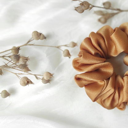 Botanically Dyed Silk Scrunchie, Rust Satin Hair Tie, Eco Friendly Elastic