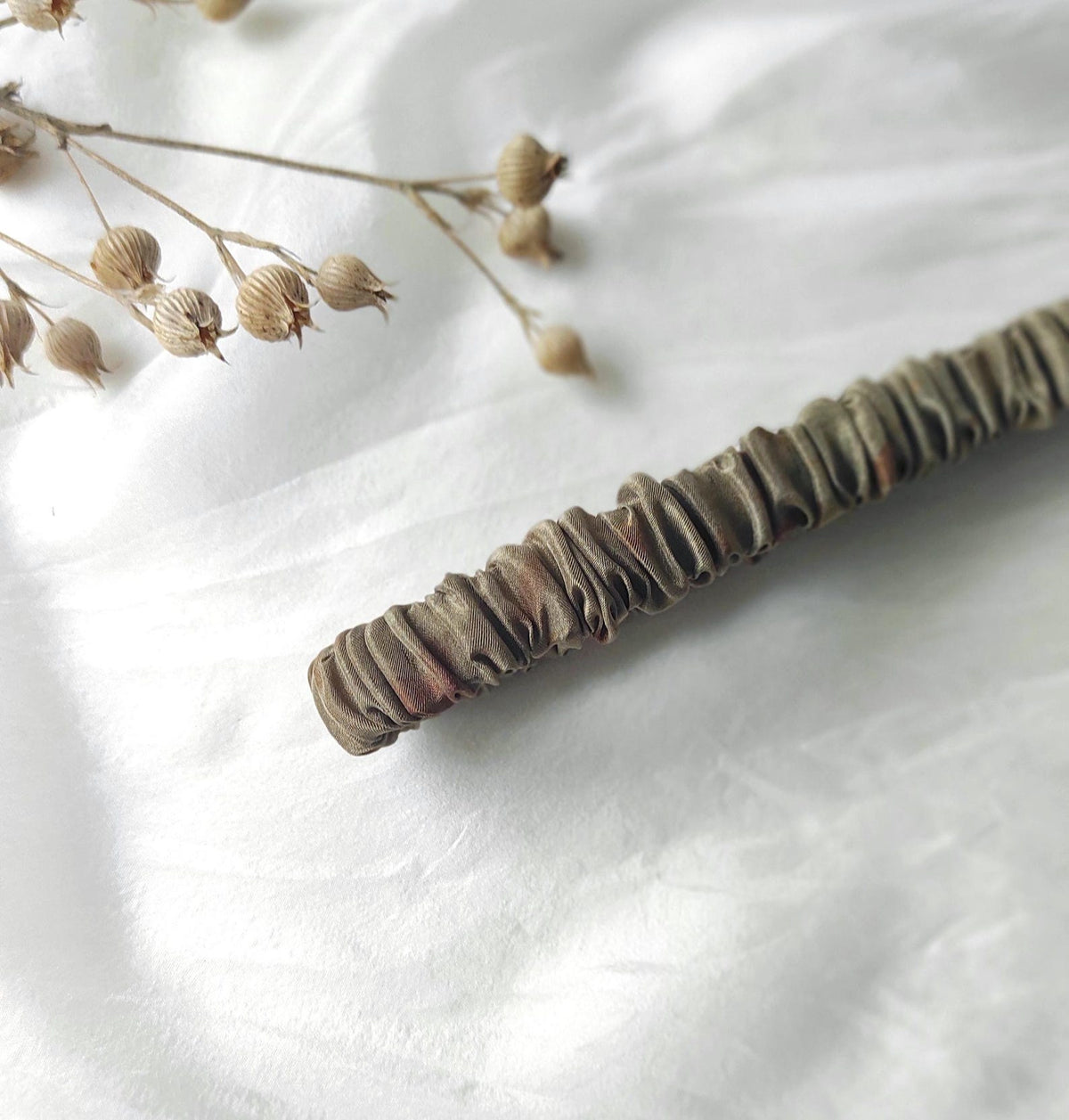 Khaki green silk hair headband, Plant dyed organic hair elastic, Thin elastic headband for curly hair