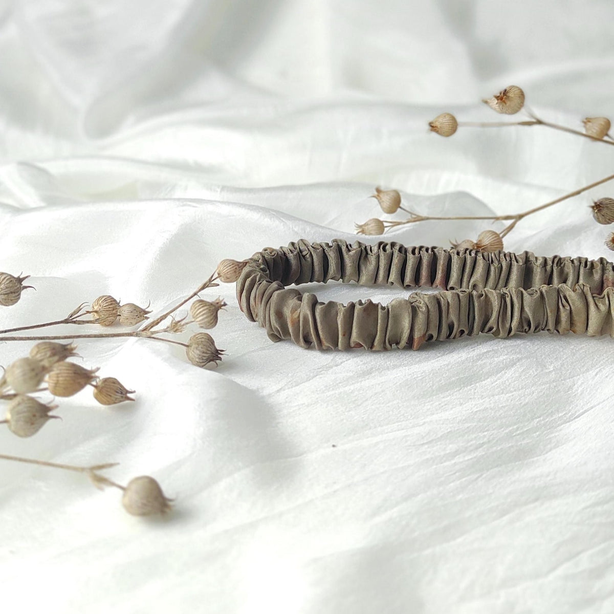 Khaki green silk hair headband, Plant dyed organic hair elastic, Thin elastic headband for curly hair