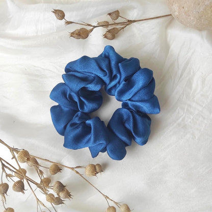 Indigo blue silk scrunchie, Hand-dyed botanical hair tie, Plant dyed hair elastic for curly hair