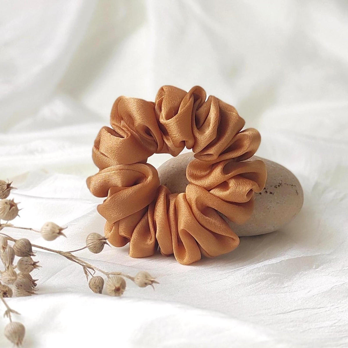 Botanically Dyed Silk Scrunchie, Rust Satin Hair Tie, Eco Friendly Elastic