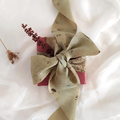 Botanically dyed mulberry silk ribbon, Handmade plant print organic ribbon, Leaf print natural ribbon wrapping gift