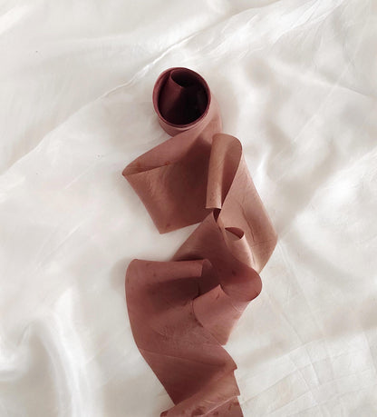 Botanical Dyed Silk Ribbon, Eco-print Earthy Pink Habotai for Bridal Bouquet