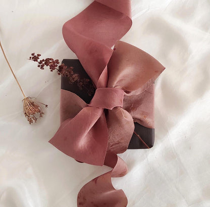 Botanical Dyed Silk Ribbon, Eco-print Earthy Pink Habotai for Bridal Bouquet