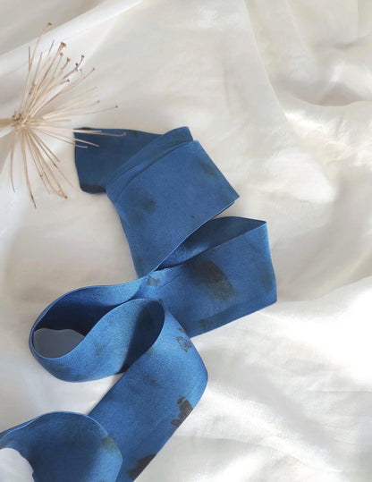 Botanical dyed silk hair ribbon, Eco-Friendly satin silk hair tie, Leaf print hair band in color blue