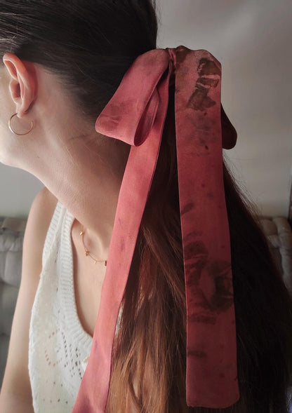 Botanical Print Mulberry Silk Headband, Dark Pink Boho Hair Ribbon, Eco-Printed Leaves Organic Band