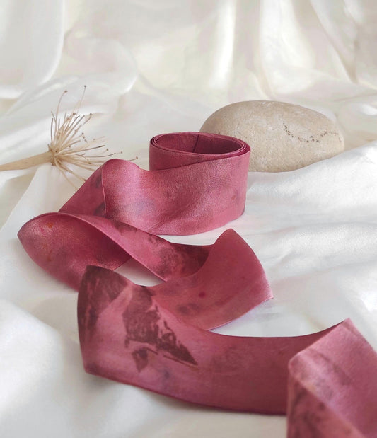 Botanical Print Mulberry Silk Headband, Dark Pink Boho Hair Ribbon, Eco-Printed Leaves Organic Band