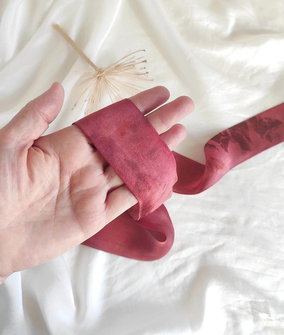 Botanical Print Mulberry Silk Headband, Dark Pink Boho Hair Ribbon, Eco-Printed Leaves Organic Band