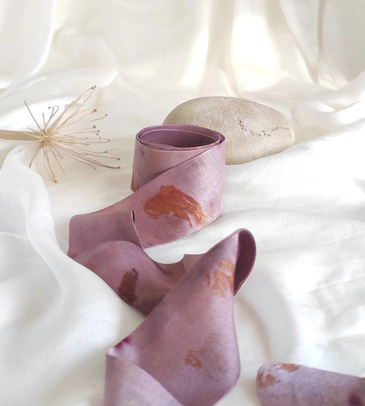 Purple Satin Silk Hair Ribbon, Botanical Print organic ribbon, Naturally Dyed sustainable headband for curly hair