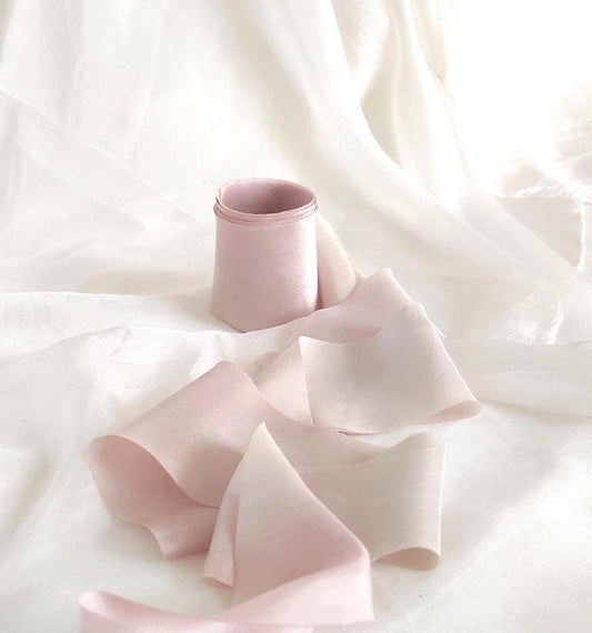 Plant Dyed Habotai Silk Ribbon, Rose Tone, Raw Edge, Wedding Bouquet Decoration