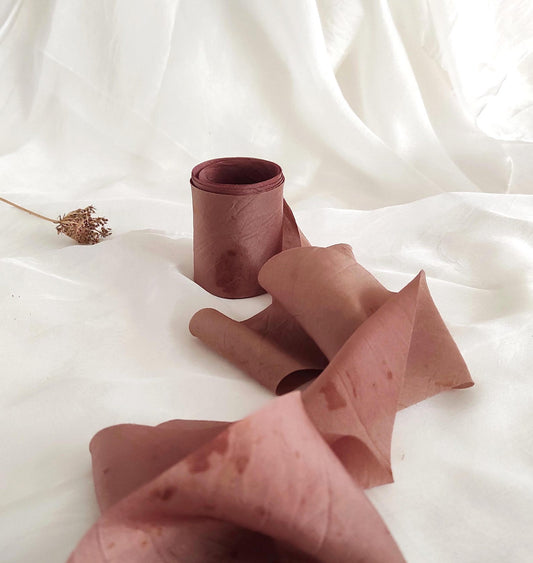 Plant-dyed silk ribbon, Powder pink and earth color organic ribbon, Eco-Friendly gift wrap wide ribbon