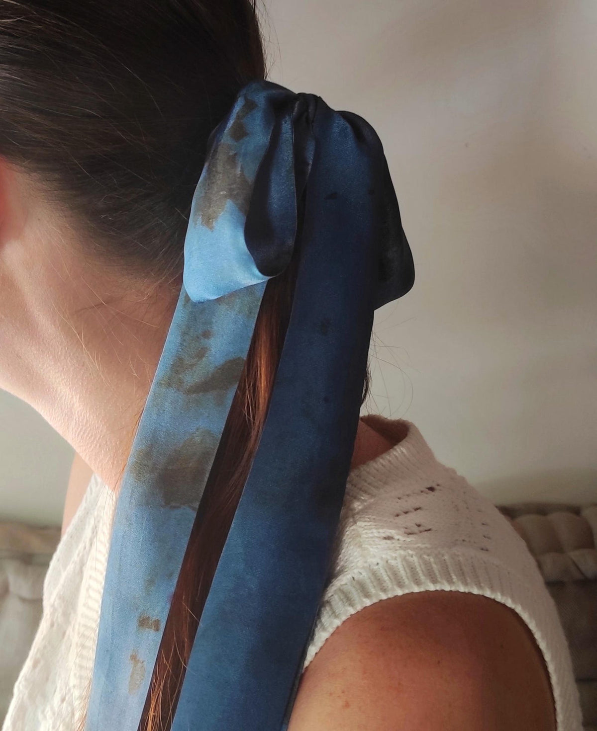 Botanical dyed silk hair ribbon, Eco-Friendly satin silk hair tie, Leaf print hair band in color blue