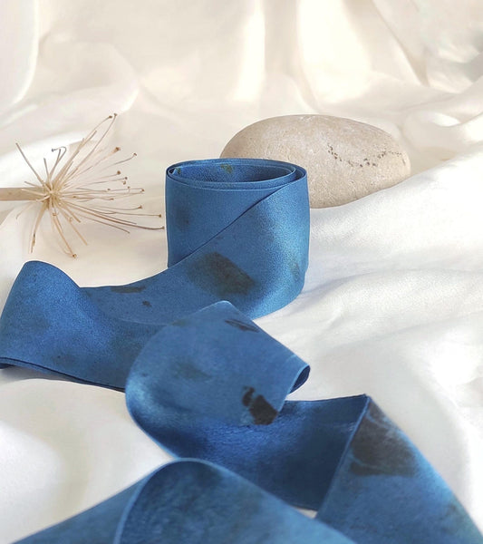 Botanical dyed silk hair ribbon, Eco-Friendly satin silk hair tie, Leaf print hair band in color blue