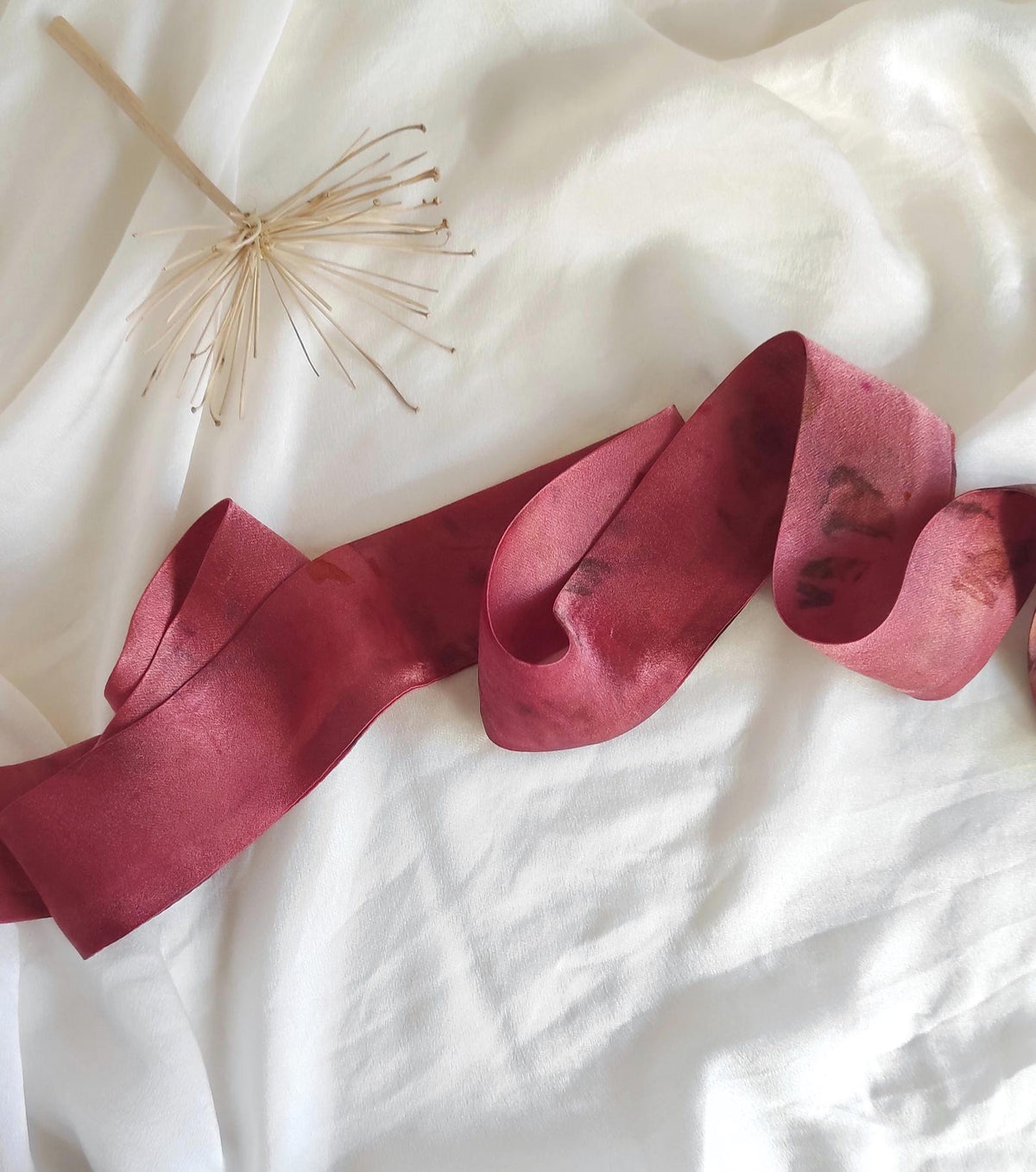 Botanical Print Mulberry Silk Headband, Dark Pink Boho Hair Ribbon, Eco-Printed Leaves Organic Band