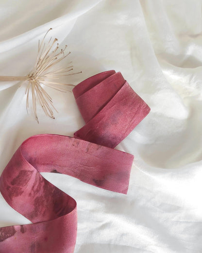 Botanical Print Mulberry Silk Headband, Dark Pink Boho Hair Ribbon, Eco-Printed Leaves Organic Band