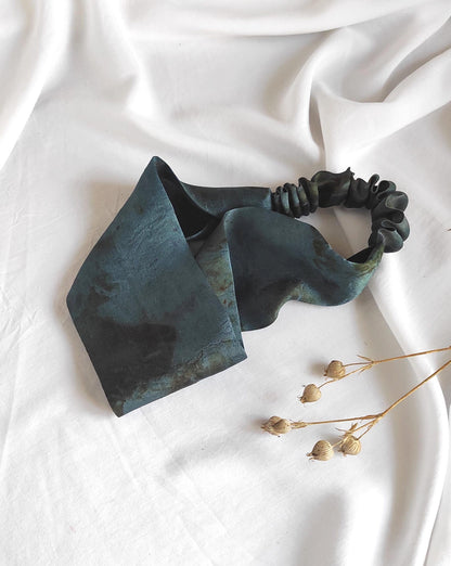 Natural dyed silk headband in copper blue floral leaf print, Handmade wide turban for her, Dyed silk hair band sustainable woman