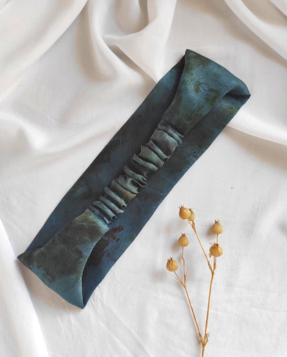 Natural dyed silk headband in copper blue floral leaf print, Handmade wide turban for her, Dyed silk hair band sustainable woman