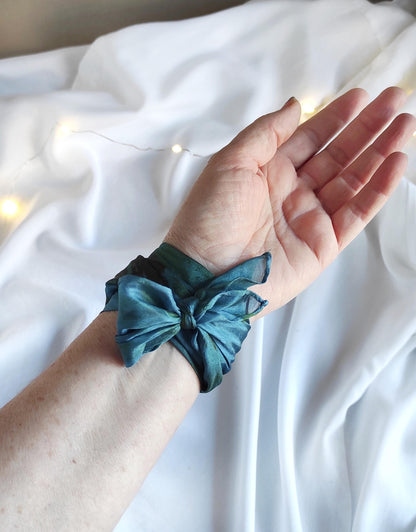 Copper blue color dyed natural silk bandana, Natural print with leaves silk scarf, Plant dyed organic light scarf for gift