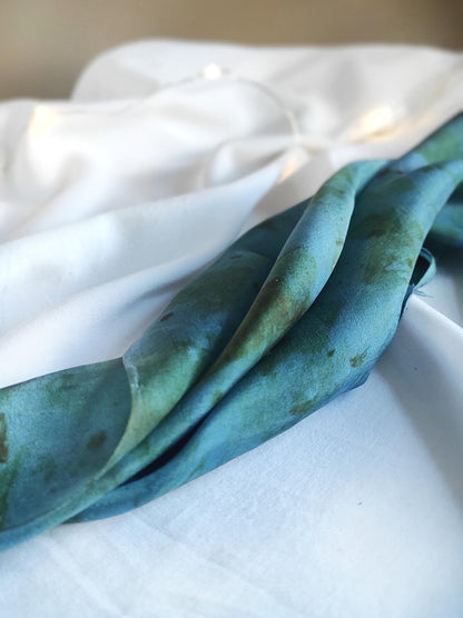 Copper blue color dyed natural silk bandana, Natural print with leaves silk scarf, Plant dyed organic light scarf for gift