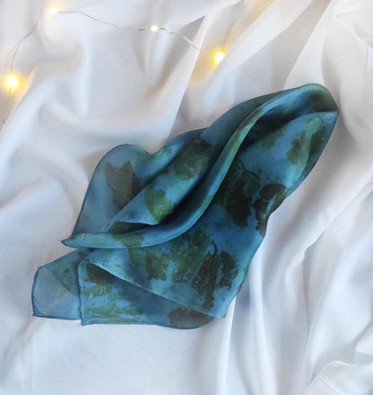 Copper blue color dyed natural silk bandana, Natural print with leaves silk scarf, Plant dyed organic light scarf for gift