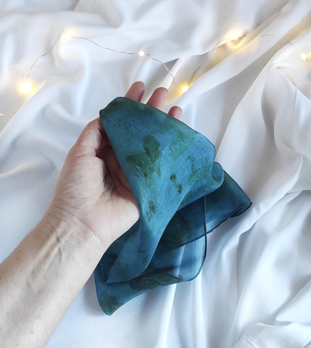 Copper blue color dyed natural silk bandana, Natural print with leaves silk scarf, Plant dyed organic light scarf for gift