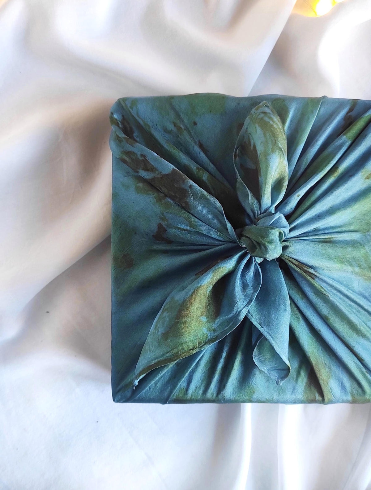 Copper blue color dyed natural silk bandana, Natural print with leaves silk scarf, Plant dyed organic light scarf for gift