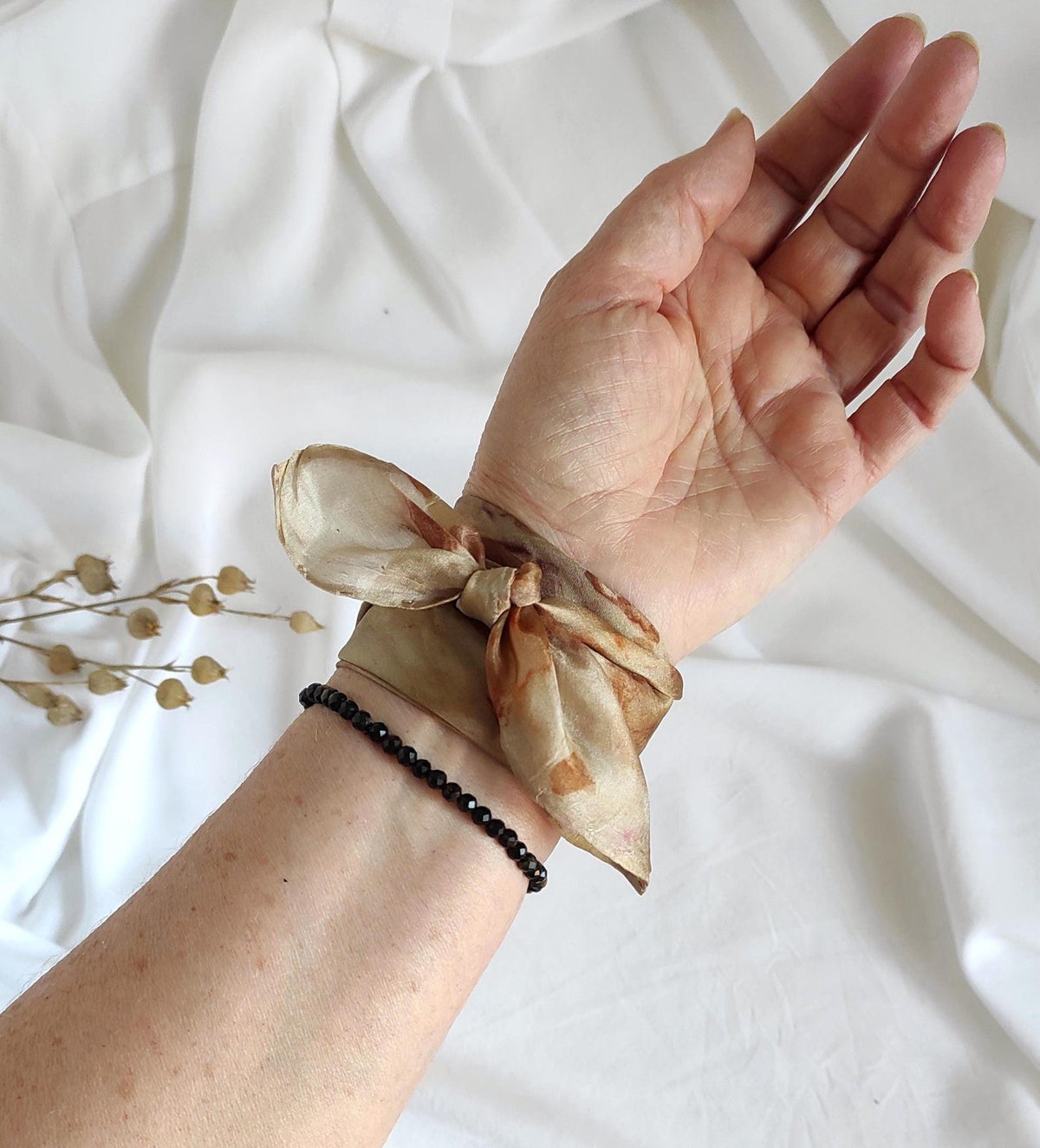 Botanical Eco-Print Silk Scarf, Natural Brown Bandana, Handmade Organic Accessory