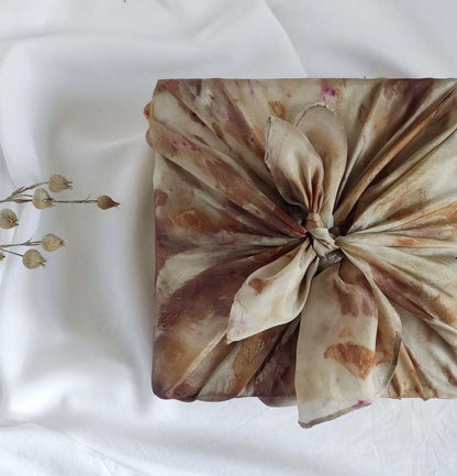 Botanical Eco-Print Silk Scarf, Natural Brown Bandana, Handmade Organic Accessory