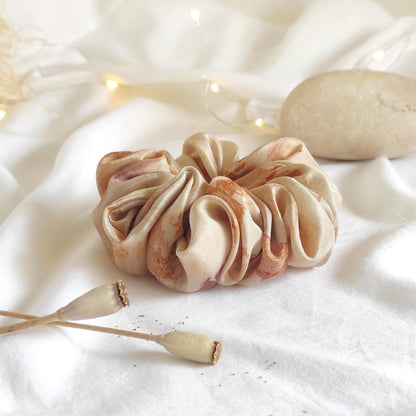 Bone color silk scrunchie, Organic hair tie for curly hair tie, Eco-print soft hair elastic summer
