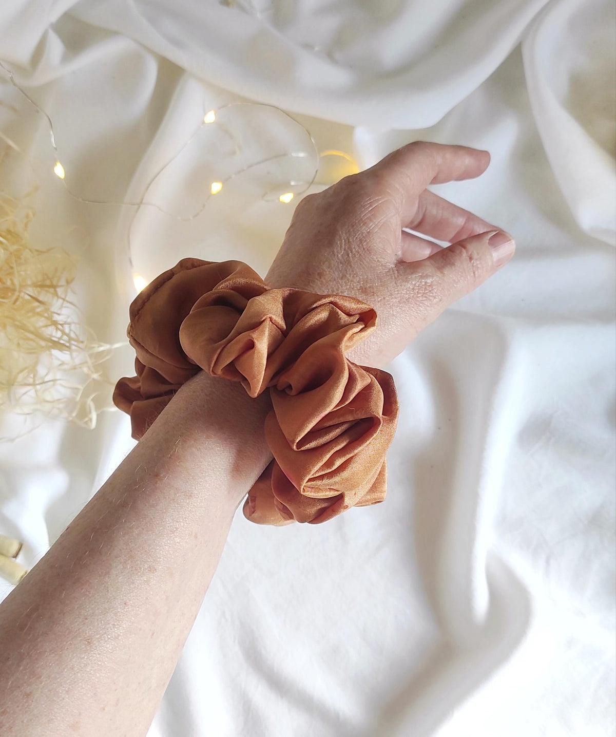 Rust color organic scrunchie, Botanical dyed mulberry silk hair tie curly hair, Natural eco-print scrunchy for coworker