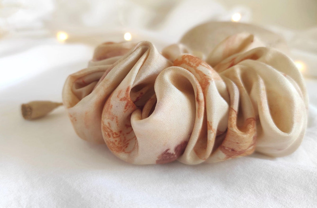 Bone color silk scrunchie, Organic hair tie for curly hair tie, Eco-print soft hair elastic summer