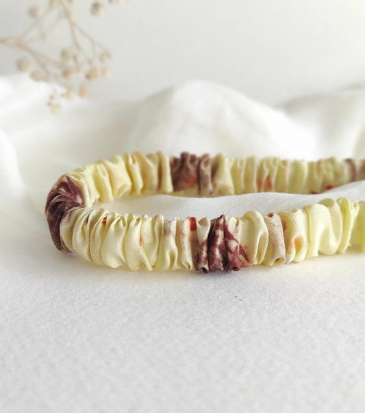 Boho dyed silk headband, Eco-print dyed floral hairband in yellow, Sustainable thin hair elastic for gift winter