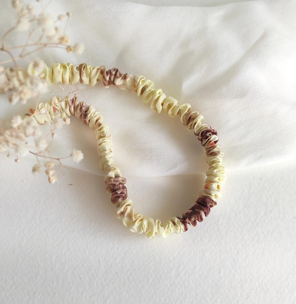Botanical Print Silk Headband, Yellow organic Hair Elastic, Plant dyed thin headband for curly hair