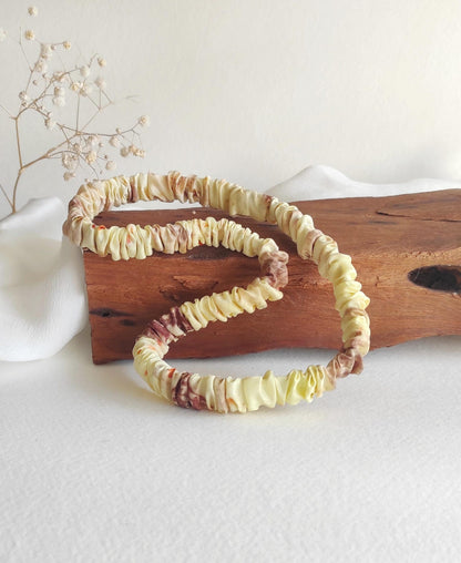Botanical Print Silk Headband, Yellow organic Hair Elastic, Plant dyed thin headband for curly hair