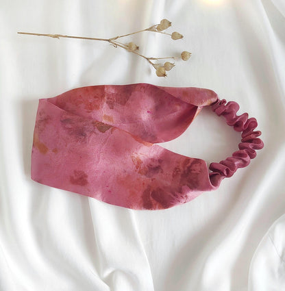 Natural print dyed silk Headband wide, Dyed organic silk hair band in tone pink, Pure silk elastic hairband for winter